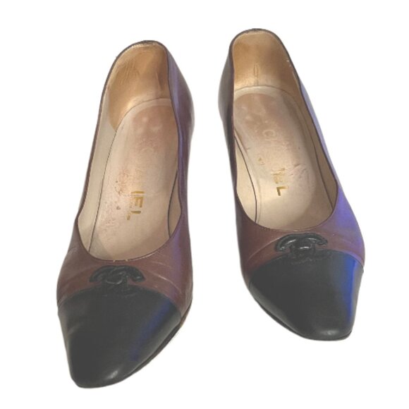 Chanel Brown, Black Leather Cap Toe CC Logo Contrasting Color Pumps 3 5.5 - Picture 6 of 11